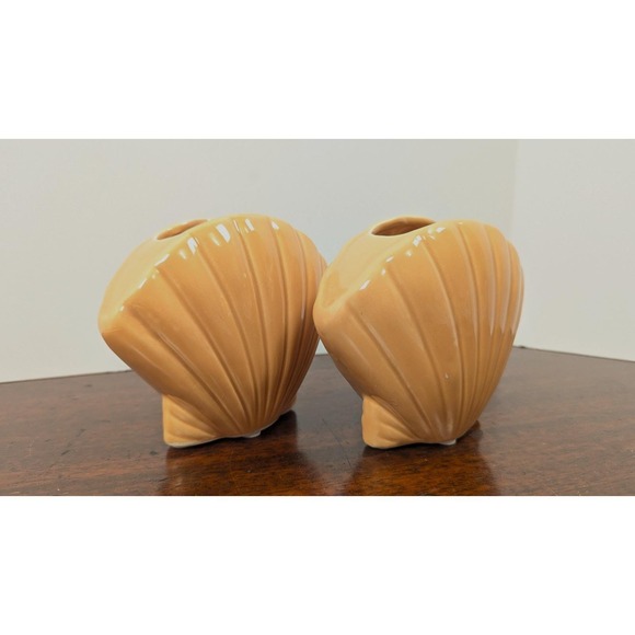 Other - Vintage Peach Ceramic Shell Pocket Vases Pair Coastal Beach‎ Decor Planters